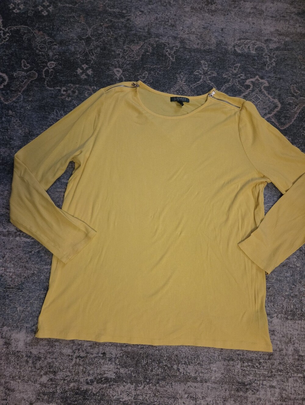 Lauren Ralph Lauren Yellow Ribbed Knit Top Shoulder Zipper Accent Plus 3X